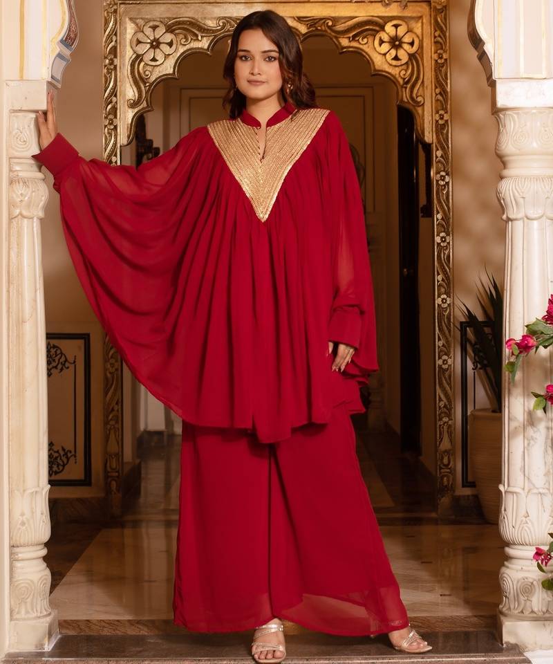 Maroon georgette sequined coord set