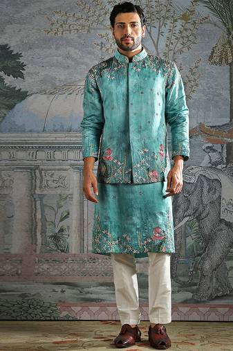 Blue embroidered silk kurta bundi set