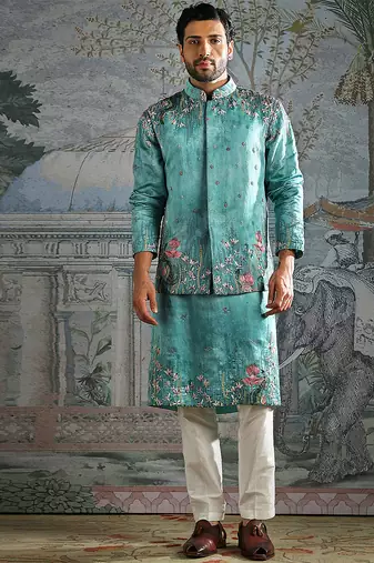 Blue embroidered silk kurta bundi set