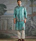 Blue embroidered silk kurta bundi set