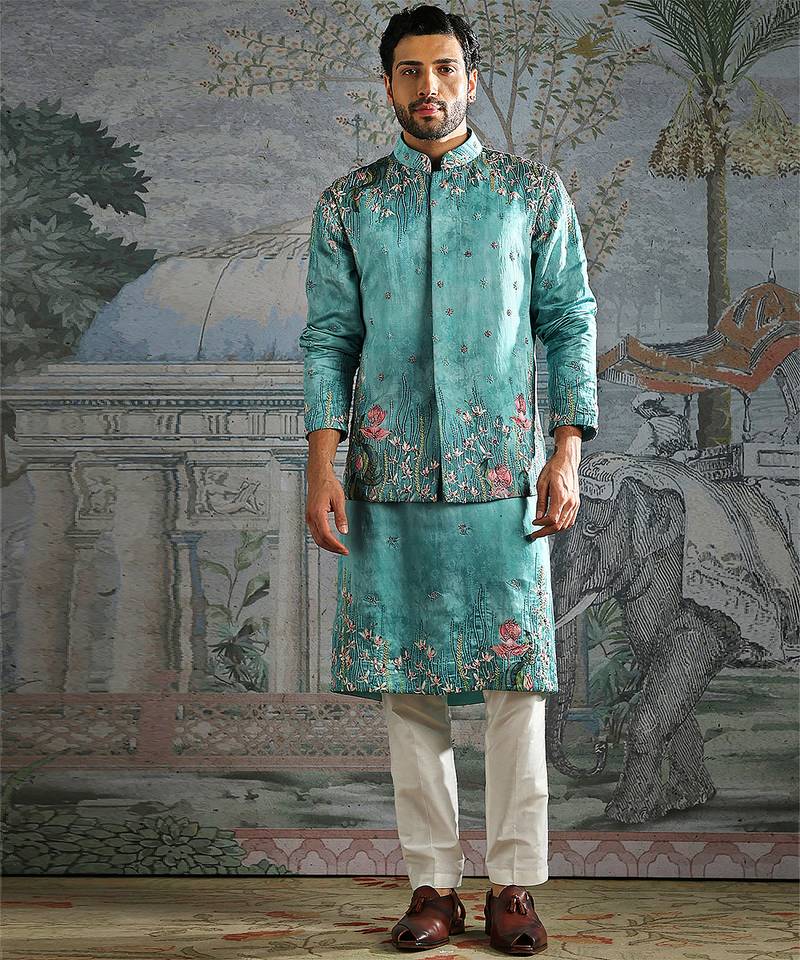 Blue embroidered silk kurta bundi set