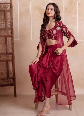 Maroon satin pre-draped skirt shrug set 1