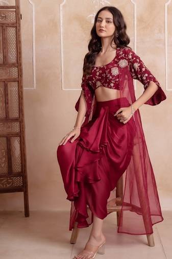 Maroon satin pre-draped skirt shrug set