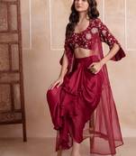 Maroon satin pre-draped skirt shrug set