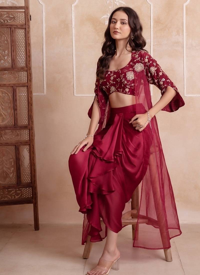 Maroon satin pre-draped skirt shrug set