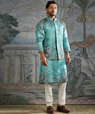 Blue embroidered silk kurta bundi set 2