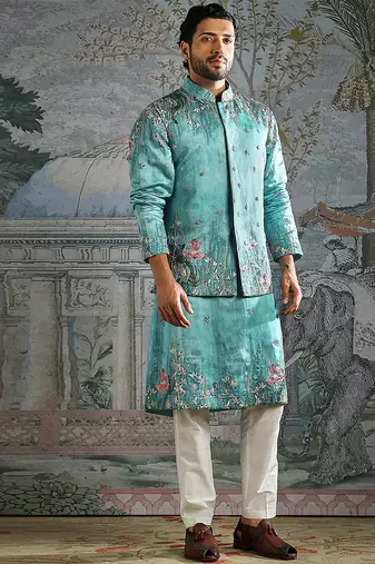 Blue embroidered silk kurta bundi set