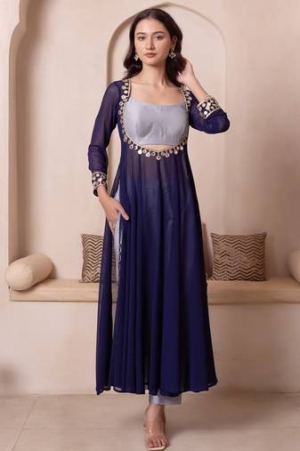 Navy blue mirror work kurta set with blouse & pant