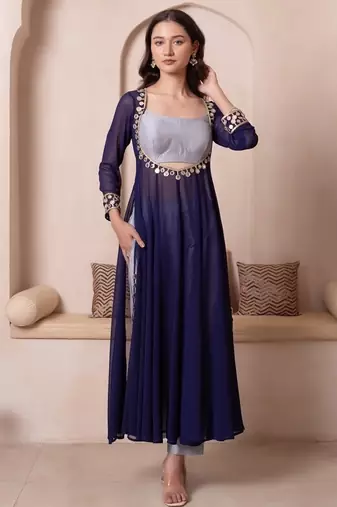 Navy blue mirror work kurta set with blouse & pant