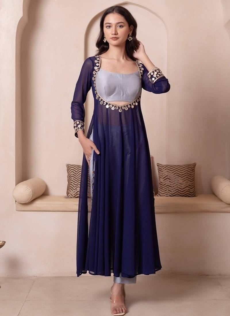 Navy blue mirror work kurta set with blouse & pant