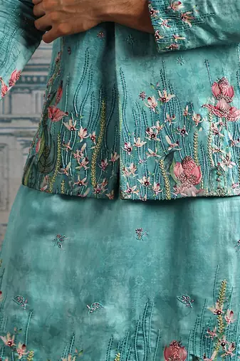 Blue embroidered silk kurta bundi set