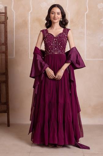 Purple georgette handwork five tier suit set with frill dupatta