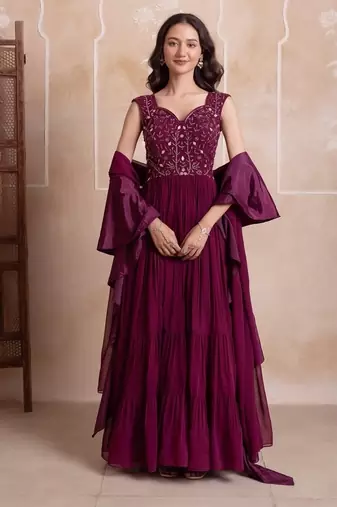 Purple georgette handwork five tier suit set with frill dupatta