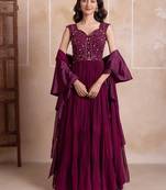 Purple georgette handwork five tier suit set with frill dupatta