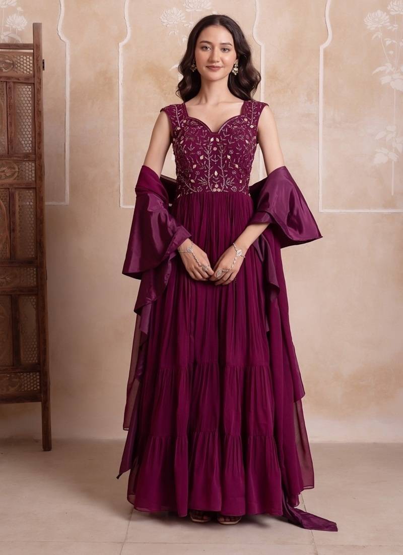 Purple georgette handwork five tier suit set with frill dupatta