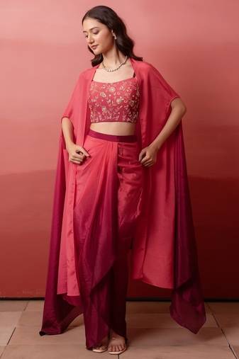 Pink ombre pre-drape skirt with handwork blouse & ombre dupatta
