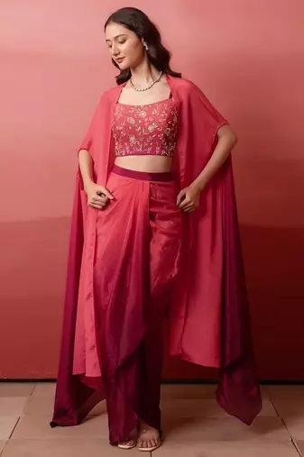 Pink ombre pre-drape skirt with handwork blouse & ombre dupatta