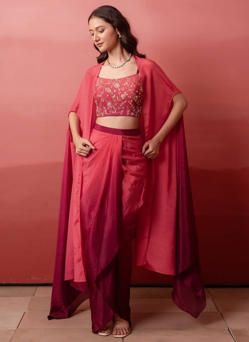 Pink ombre pre-drape skirt with handwork blouse & ombre dupatta