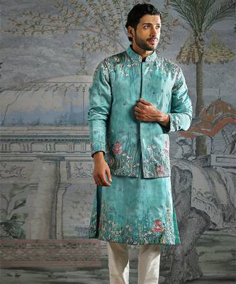Blue embroidered silk kurta bundi set 4