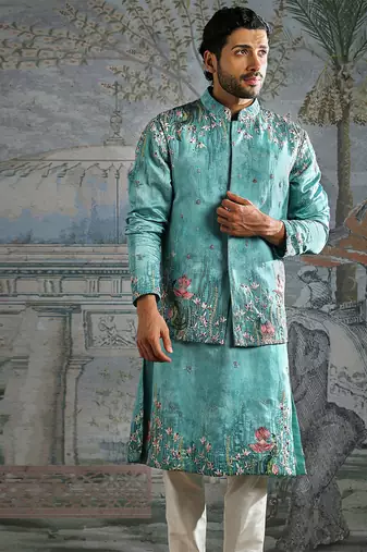 Blue embroidered silk kurta bundi set