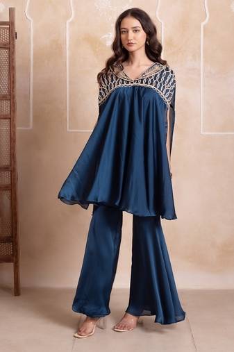 Teal blue satin handwork coord set