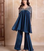 Teal blue satin handwork coord set