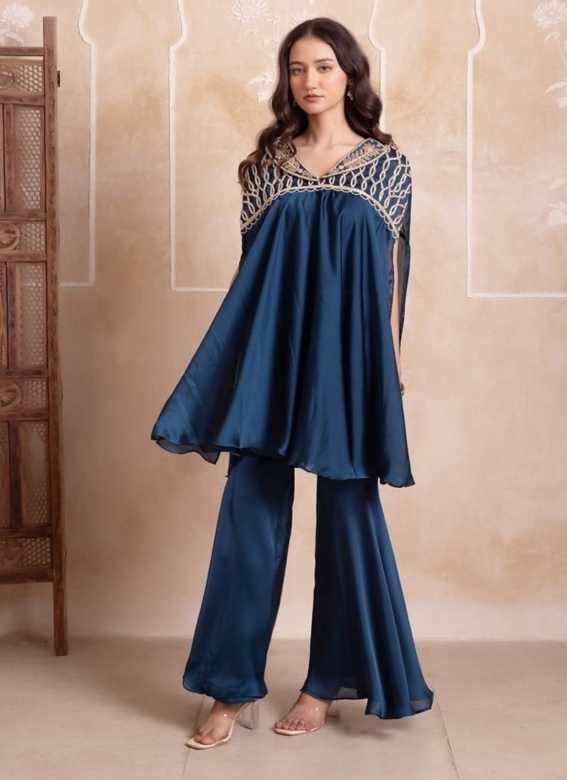 Teal blue satin handwork coord set