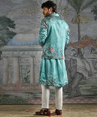 Blue embroidered silk kurta bundi set 5