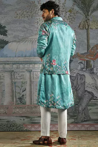 Blue embroidered silk kurta bundi set