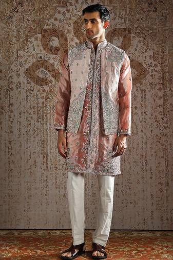 Pink embroidered raw silk kurta bundi set