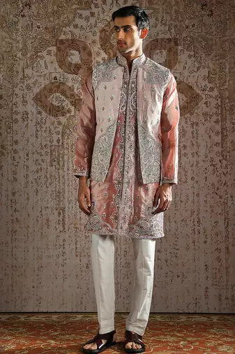 Pink embroidered raw silk kurta bundi set