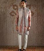 Pink embroidered raw silk kurta bundi set