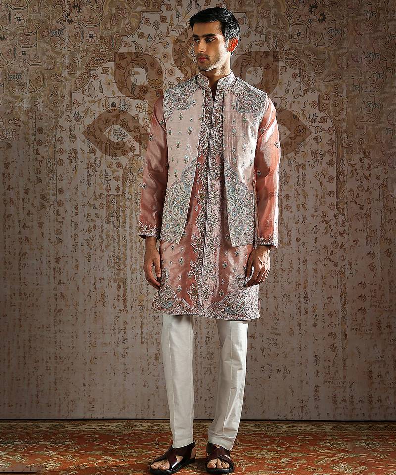Pink embroidered raw silk kurta bundi set