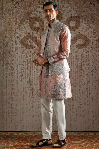 Pink embroidered raw silk kurta bundi set