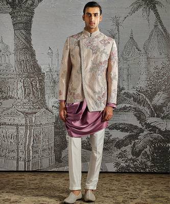 purple embroidered silk bandhgala set for men 1