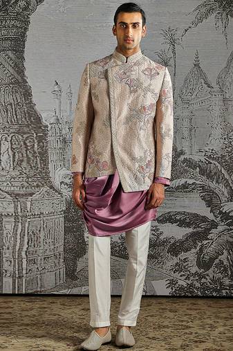 Purple embroidered silk bandhgala set