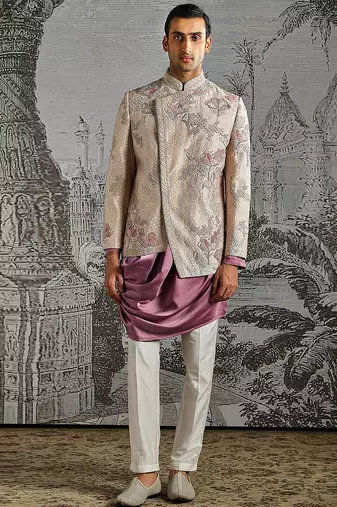 Purple embroidered silk bandhgala set