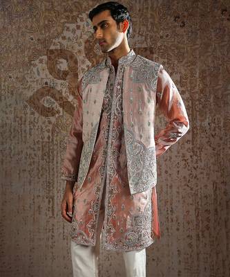 Pink embroidered raw silk kurta bundi set 3