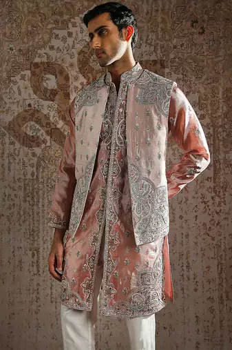 Pink embroidered raw silk kurta bundi set