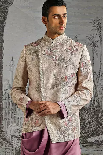 purple embroidered silk bandhgala set for men