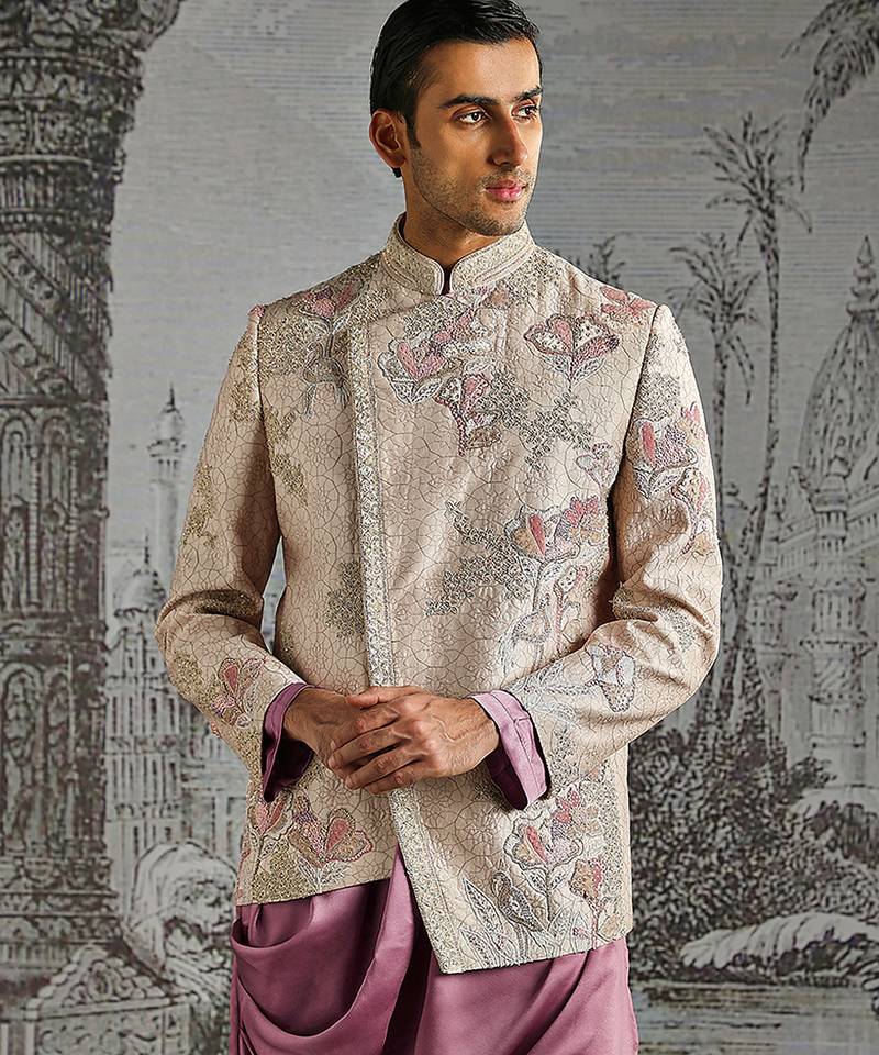 Purple embroidered silk bandhgala set