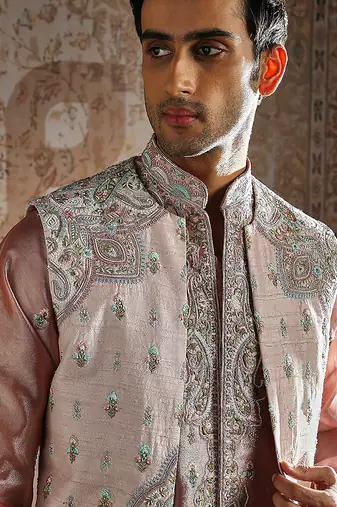 Pink embroidered raw silk kurta bundi set