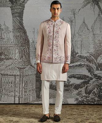 pink embroidered linen bandhgala set for men 1
