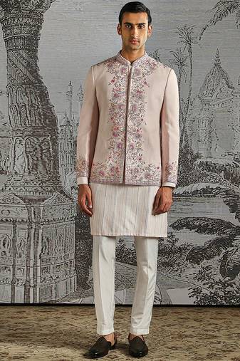 Dusty Pink embroidered linen bandhgala set