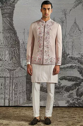 Dusty Pink embroidered linen bandhgala set