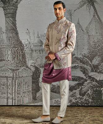 purple embroidered silk bandhgala set for men 3