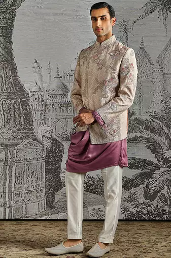 purple embroidered silk bandhgala set for men
