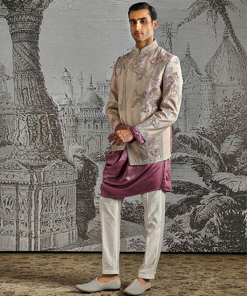 Purple embroidered silk bandhgala set