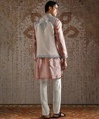 Pink embroidered raw silk kurta bundi set 5