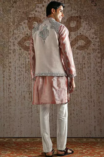 Pink embroidered raw silk kurta bundi set